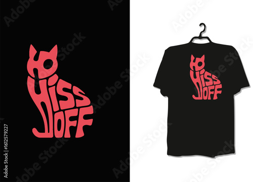 “Hiss Off” Cat Shaped Typography – Bold Red Cartoon Illustration on Black T-Shirt Design