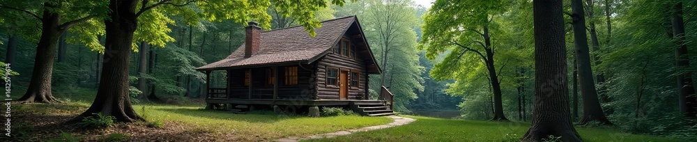 Fototapeta premium Secluded cabin nestled deep in the woods, perfect for a peaceful getaway or private retreat For sale Offers considered , private cabin, river