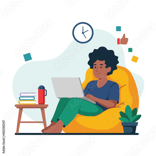 Illustration of a person working on a laptop while sitting in a beanbag chair with books and a plant