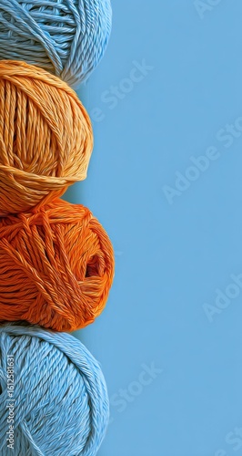Stacked yarn balls two light blue, two orange. Vertical composition. Flat lay. Solid light blue background, contrasting with the yarn colors. Texture of the wool