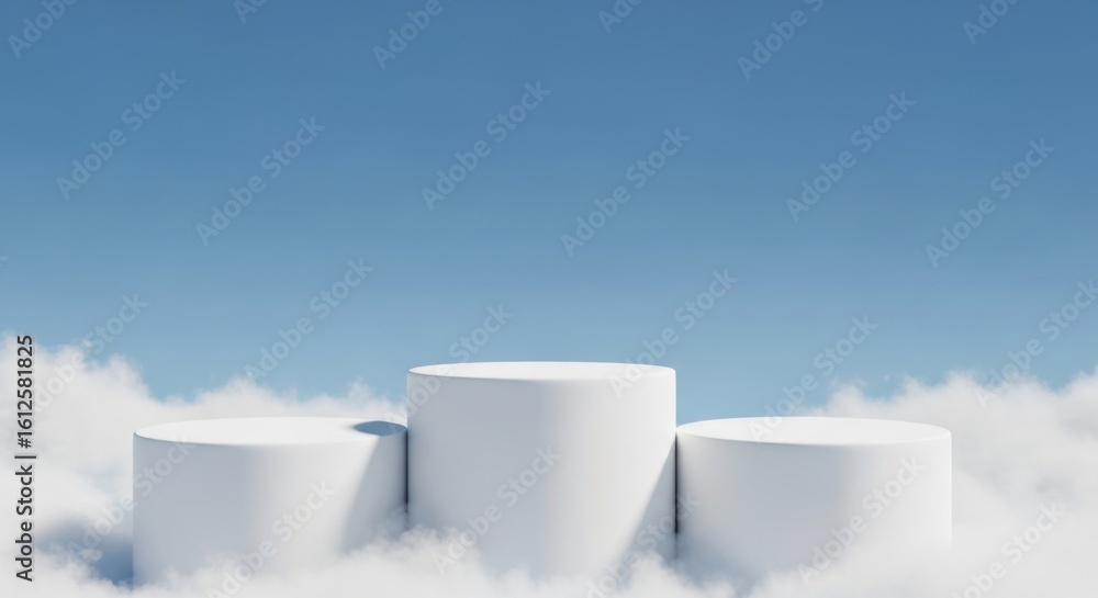 Obraz premium Minimalist White Podium Stands on Fluffy Cloud Layer Under Bright Blue Sky