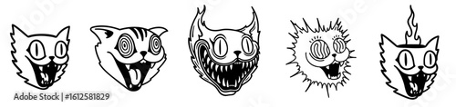 Grotesque Cartoon Cat Heads with Exaggerated Faces in Lowbrow Horror Pop Style — Creepy Smiling Feline Expressions with Wide Eyes, Scary Teeth, Fire and Surreal Elements for Underground Comics