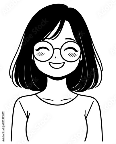 Smiling Asian girl with bob haircut and glasses — cute hand drawn manga style portrait in black and white

