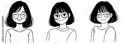 Cute girl with short bob haircut and round glasses — black and white manga style character illustration

