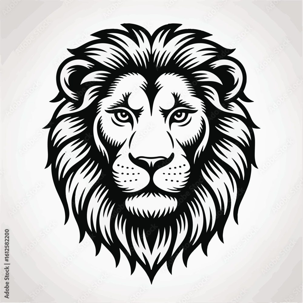 Obraz premium Hand-Drawn Lion Head Mascot Tattoo – Monochrome Vector with Artistic Details