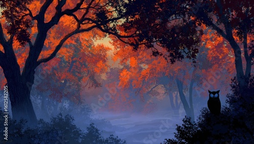 Autumnal forest scene with bright orange leaves against dark trees. An owl sits perched on a bush amidst the misty lower ground. Atmospheric and vivid