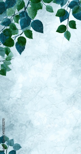 Botanical frame with blue-green leaves. Veined background suggests marble or ice. Vertical format. A calming, natural aesthetic