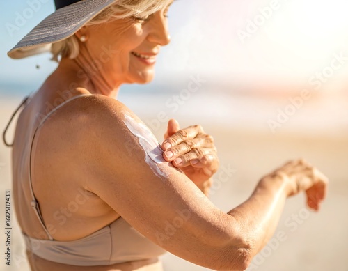 Happy senior woman applying sunscreen on her arm at the beach