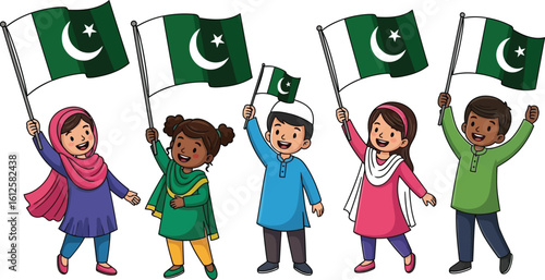Cheerful Children Celebrating with Pakistan Flags, Showing Unity and Patriotism, Ideal for National Day Greetings and Educational Materials