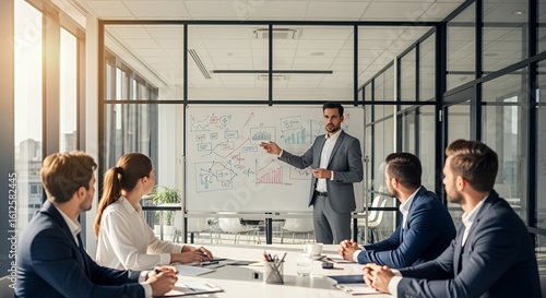 A confident businessman presents a strategic plan to his attentive team during a productive meeting.