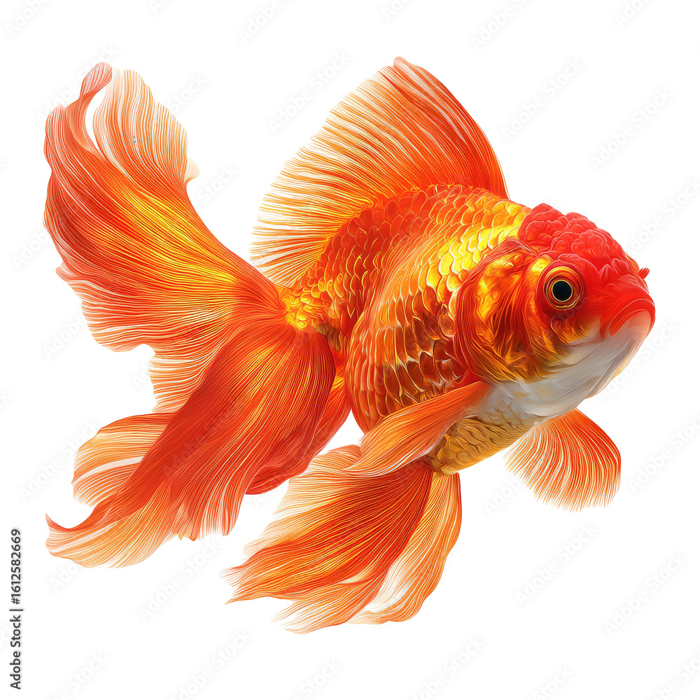 Fototapeta premium Vivid Orange Goldfish with Flowing Fins and Shiny Scales Swimming Gracefully in Clear Water