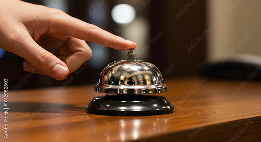 Finger Pressing Silver Service Bell on Wood Counter in a Blurred Room Finger Pressing Silver Service Bell on Wood Counter in a Blurred Room