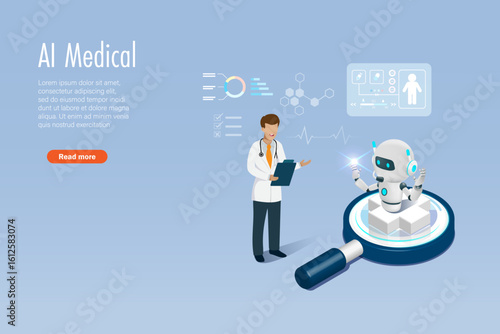 Doctor searching and analyzing medical data with help from AI robot technology on magnifying glass. Artificial intelligence innovation technology for medical solution in diagnosis, care and treatment.