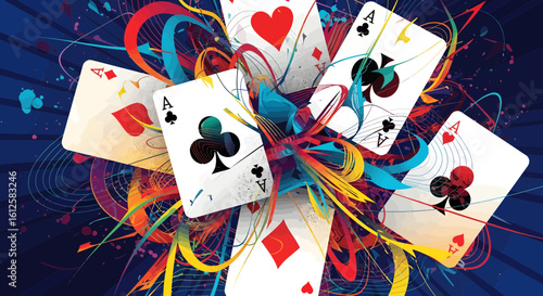 Playing Cards Burst with Colorful Swirls in a Dynamic Environment