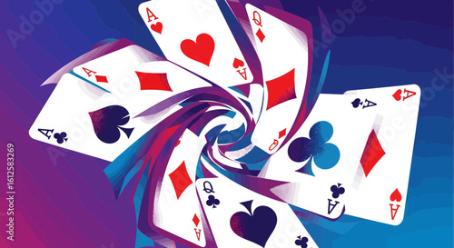 Playing Cards in Motion, Vibrant Swirl Design, Digital Illustration, Gaming Environment, Abstract Concept