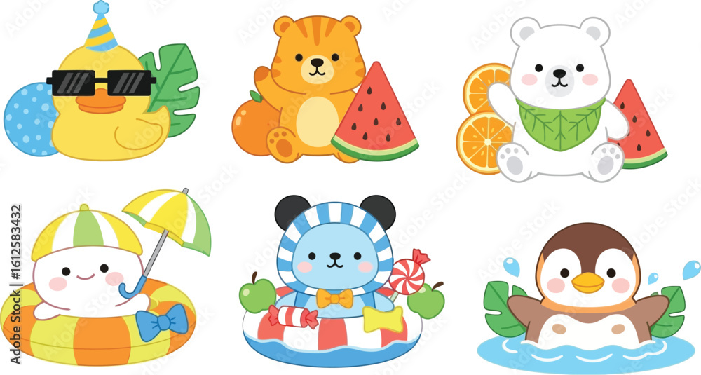 Obraz premium Cute summer animals vector illustration for kids collection and design elements set