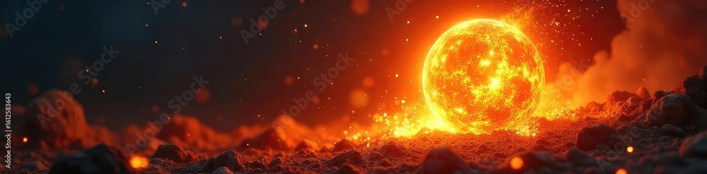Fiery orb of intense heat and light explodes outwards, leaving a trail of incandescent embers Perfect for fantasy, magical, or apocalyptic themes , combustion, burning, magical Fiery orb of intense heat and light explodes outwards, leaving a trail of incandescent embers Perfect for fantasy, magical, or apocalyptic themes , combustion, burning, magical