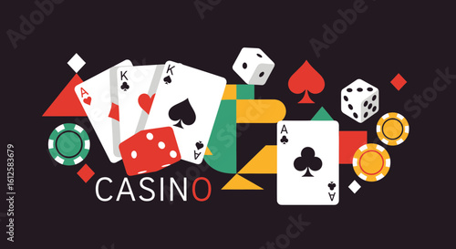 Playing Cards, Dice, and Chips, Graphic Illustration, Vibrant Environment, Top-Down View, Gaming Concept