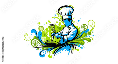 Chef Cooking in Vibrant Kitchen, Illustration, Dynamic Environment, Creative Concept