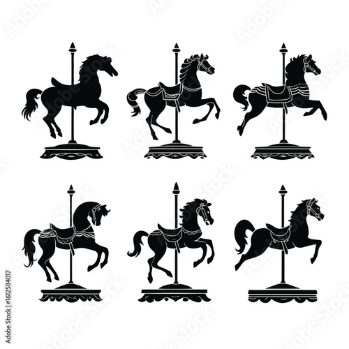 carousel horse silhouette set, Black & White silhouette set