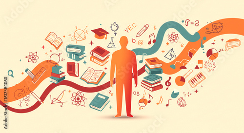 Silhouette Surrounded by Educational and Scientific Icons