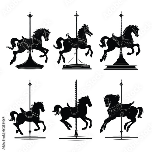 carousel horse silhouette set, Black & White silhouette set