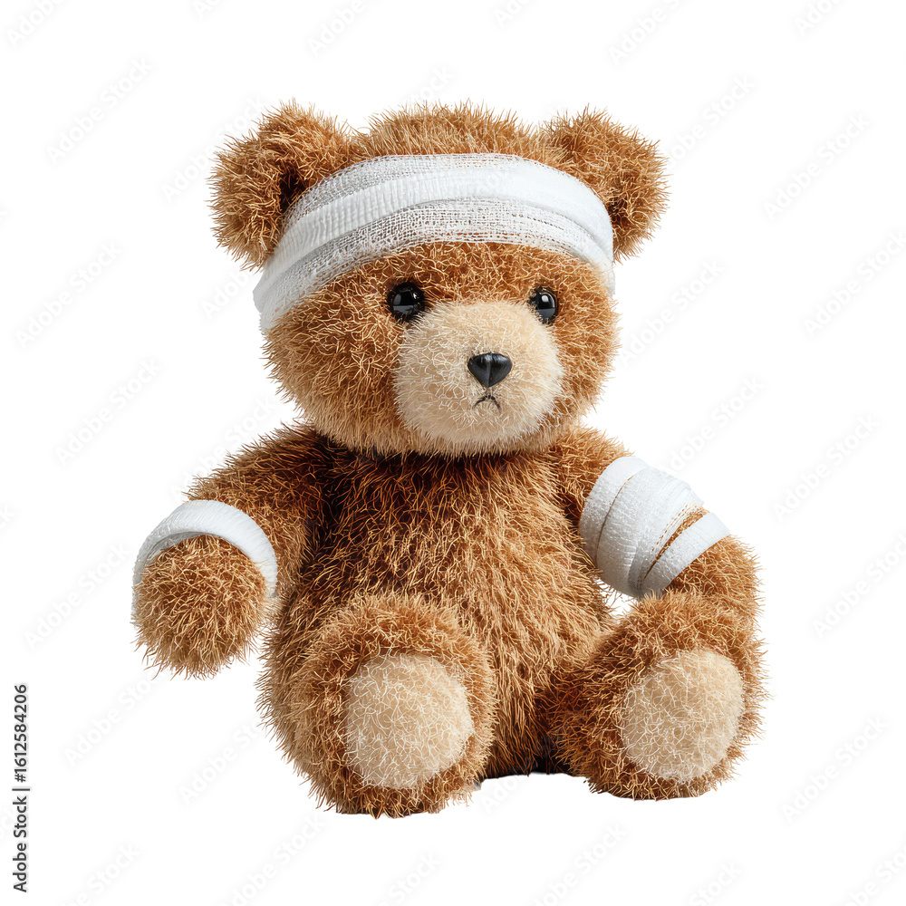 Obraz premium Adorable Brown Teddy Bear Sitting Upright with Bandages on Arms and Head, Perfect for Children's Themes and Playful Decor