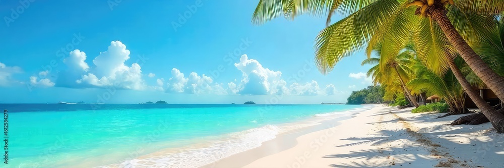 Obraz premium A vibrant beach scene with turquoise water lapping gently on the shore, sun-drenched sand, and lush palm trees swaying in the breeze Perfect for travel, vacation, and summer themes , blue, turquoise