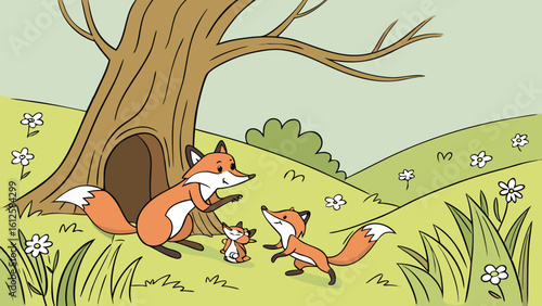 A playful family of foxes near a hollow tree in a sunlit forest clearing, AI generative illustration
