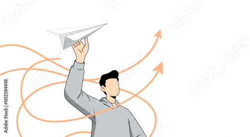 Paper Airplane Flight with Person on Green Background	