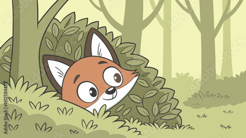 A curious fox cub peeking out from a green forest bush, AI generative wildlife illustration