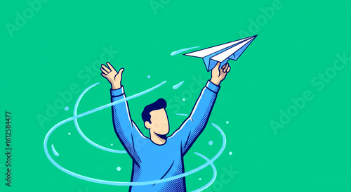 Paper Airplane Flight with Person on Green Background