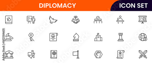 Diplomacy vector line icons featuring handshake, peace symbols, globes, negotiations, treaties, communication, alliances, embassies, international relations, and conflict resolution elements.
