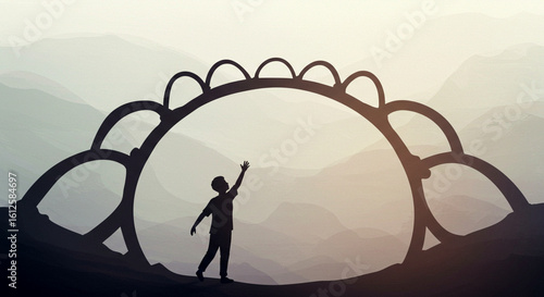 Silhouette Under Arched Structure with Mountain Layers