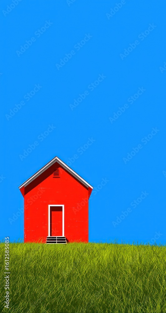 A vibrant red shed with a grey roof sits atop a bright green hill of grass, set against a stark, cloudless blue sky. Minimalist composition emphasizing color and form A vibrant red shed with a grey roof sits atop a bright green hill of grass, set against a stark, cloudless blue sky. Minimalist composition emphasizing color and form