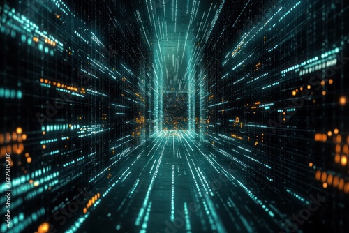 Digital Highway: A futuristic tunnel of data streams ablaze with neon light, symbolizing the interconnectedness of the digital age. 