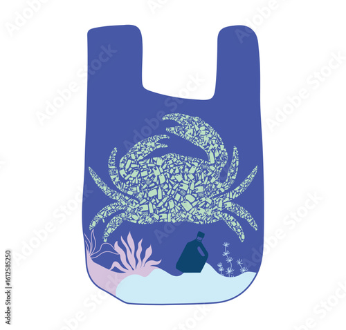 Plastic bag with crab made of plastic waste, ocean pollution concept