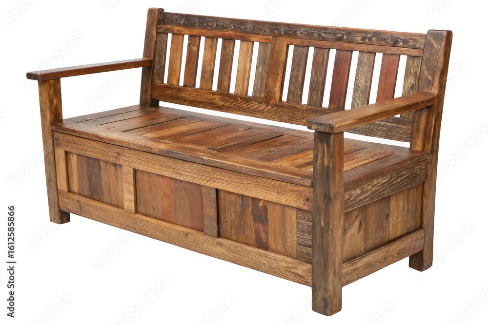 Rustic wooden storage bench with carved details isolated on transparent background Rustic wooden storage bench with carved details isolated on transparent background
