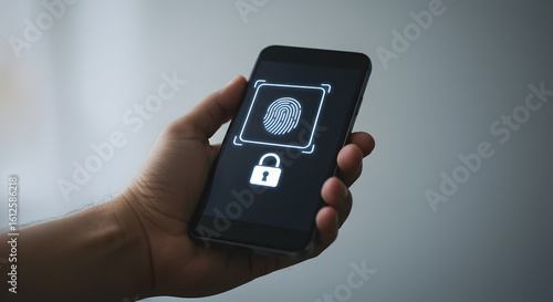 Wallpaper Mural Hand Holding Smartphone with Fingerprint Scan and Padlock on Screen for Digital Security and Biometric Authentication Torontodigital.ca