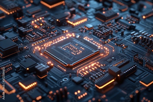 Circuit Board Brilliance: A macro shot of a sophisticated circuit board pulses with an electrifying array of light, embodying the cutting edge of technological innovation.