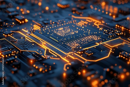 Circuit Board Brilliance: A close-up shot revealing the intricate network of a circuit board, with its golden-orange pathways illuminating the complex web of electronic components.