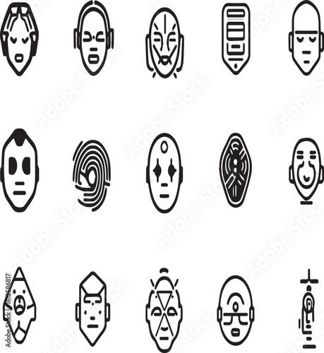 Collection of black and white line art icons representing various abstract faces and geometric shapes
