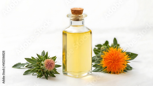 safflower oil in a glass bottle beside safflower on a white background