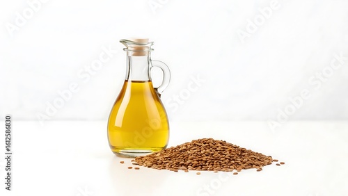 Golden flaxseed oil in a glass bottle with a pile of seeds