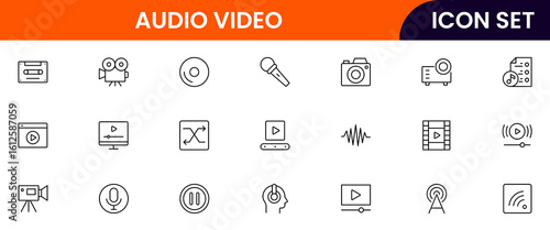 Audio video vector line icons featuring speakers, microphones, cameras, headphones, film reels, sound waves, recording devices, and media playback controls.