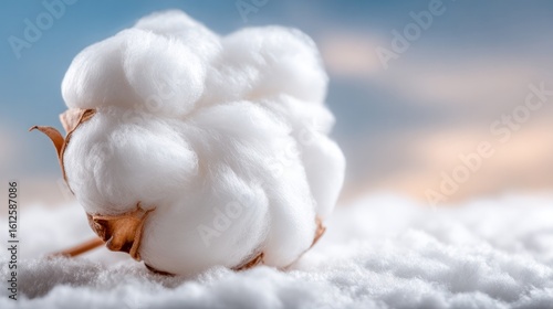 Soft Cotton Cluster: A close-up shot of a pristine, fluffy cotton bud, set against a blurred background of a serene sky, evokes feelings of softness and purity.