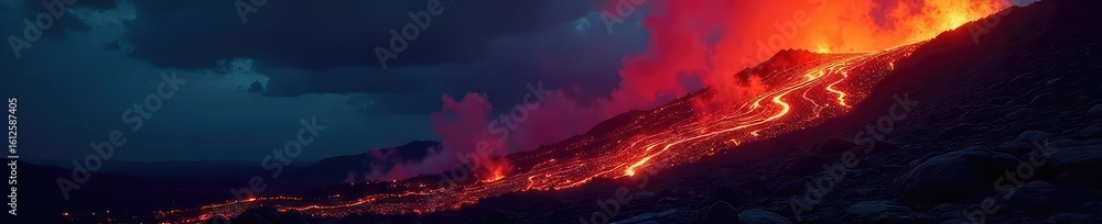 Obraz premium Molten lava flows relentlessly down a volcanic slope, glowing intensely against the dark night sky The destructive power of nature is on full display in this dramatic scene , lava, earth, night