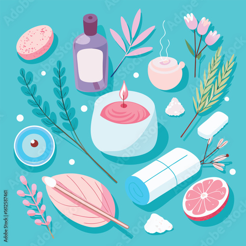 Pink candle lavender bottle pink flowers and spa items relaxation wellness