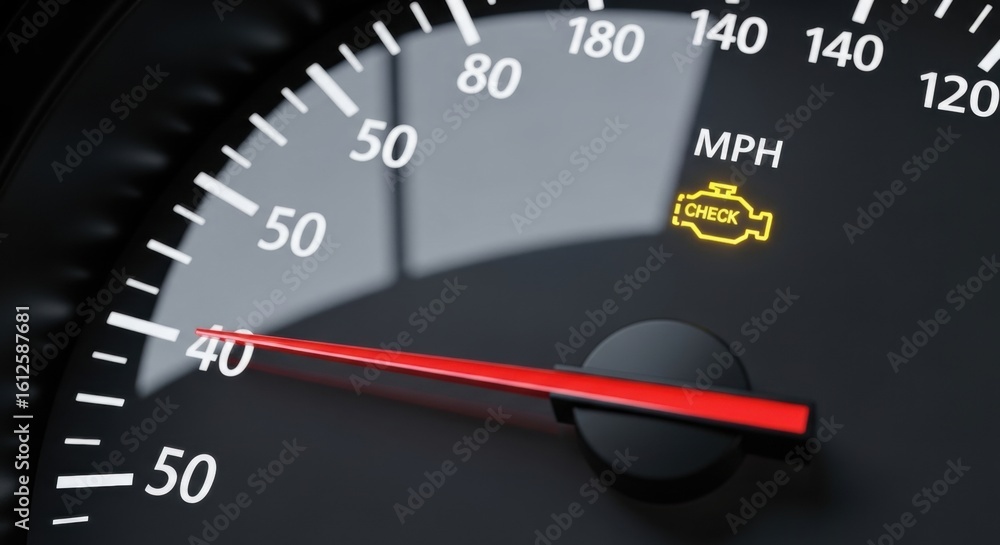 Fototapeta premium Illuminated Check Engine Light on Car Speedometer at 40 MPH
