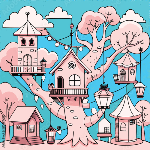 Pink treehouses with lanterns and clouds blue